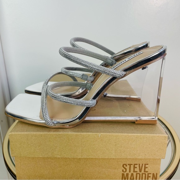 New Steve Madden Sauté-R Rhinestone Lucite Clear Wedge Heel Sandal 9 Silver - Picture 7 of 11